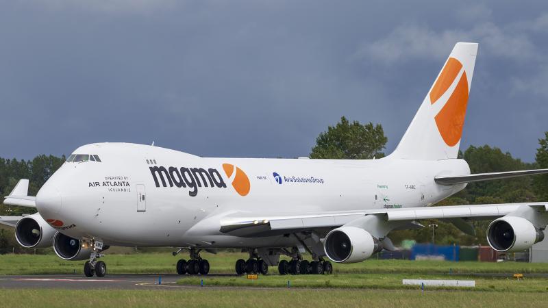 Magma Aviation's Boeing 747-400F nose-loader aircraft, featuring the Avia Solutions Group logo
